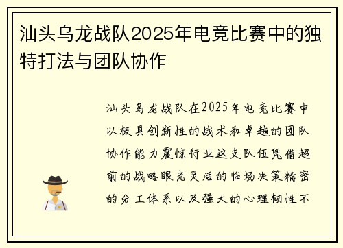 汕头乌龙战队2025年电竞比赛中的独特打法与团队协作